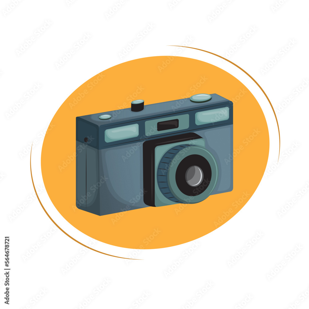 Old hand held photo camera on yellow background. Vector icon.