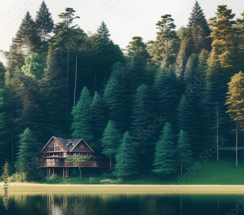 House Surrounded by Dense Trees near Lake, Generative AI Illustration