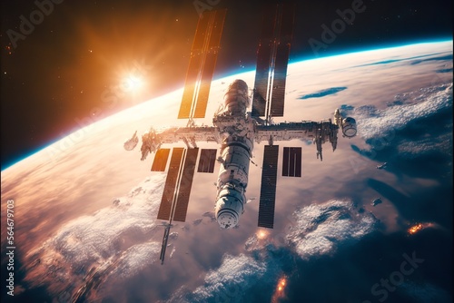 International space station flies around planet Earth. Generative Ai.