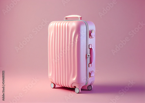 Traveler pink suitcase over pink background, Journey and travel concept. AI Generated