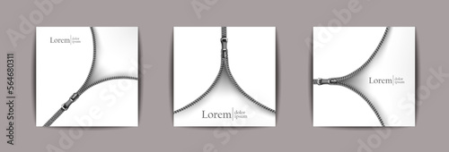 Set of 3d realistic vector open zipper backgrounds. Design concept banner. 