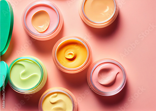 Many Moisturizer creams on pink background, AI Generated