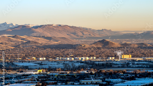 High Angle view of the Sparks Nevada industrial area with warehousing and a Petroleum Tank storage facility. photo
