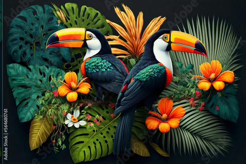 Valokuvatapetti Tropical rainforest with toucans bird with palm leaves and flowers, 3D rendering