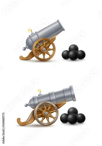 Set of silver cannons with cannon balls