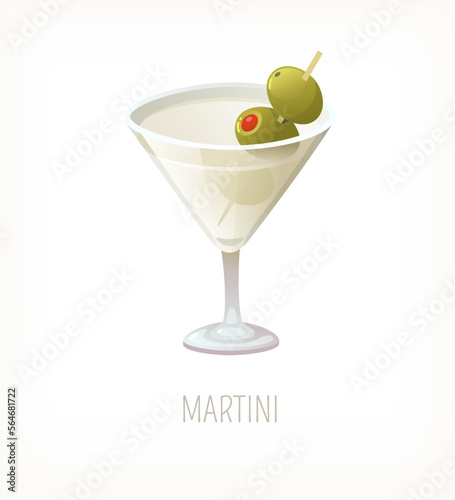 Serving of martini vermouth with olives on toothpick. Glass full of alcoholic drink. Isolated vector image. Liquor from classic cafe or pub menu