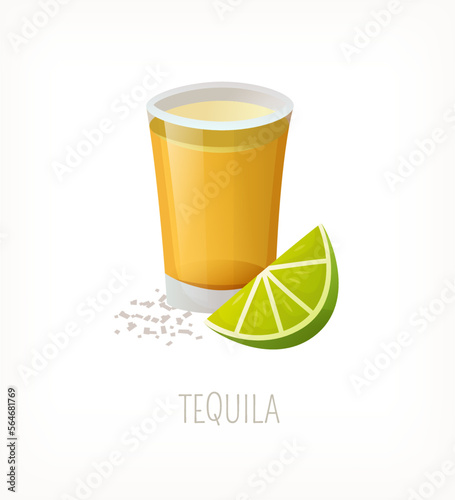 Serving of golden tequila with slice of lime and salt. Shot glass full of alcoholic drink. Isolated vector image. Liquor from classic cafe or pub menu