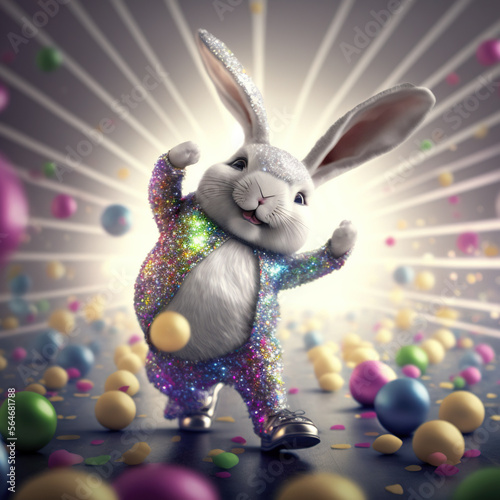 Cute easter bunny in a disco with eggs. Generative AI.