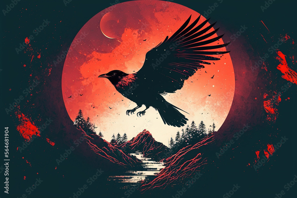4K Crow Wallpaper with red moon background