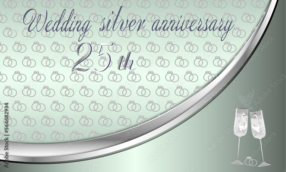 Fototapeta premium Congratulations on the 25th anniversary silver wedding. Elegant background in silver metal with a pattern of wedding rings. Painting on glasses for the newlyweds. Two swans. illustration 
