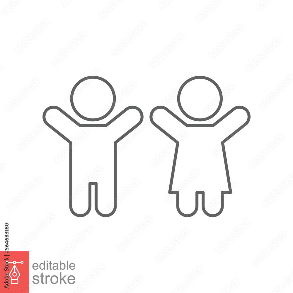 Children, boy and girl icon. Simple outline style. Happy kid, fun child, hands up, wc or toilet logo concept. Line vector illustration design isolated on white background. Editable stroke EPS 10. Children, boy and girl icon. Simple outline style. Happy kid, fun child, hands up, wc or toilet logo concept. Line vector illustration design isolated on white background. Editable stroke EPS 10.