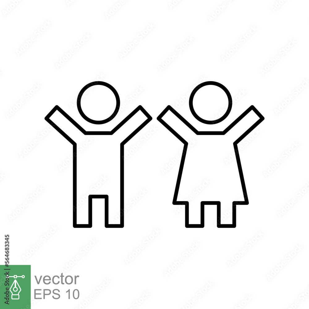 Children, boy and girl icon. Simple outline style. Happy kid, fun child, hands up, wc or toilet logo concept. Thin line symbol. Vector illustration design isolated on white background. EPS 10. Children, boy and girl icon. Simple outline style. Happy kid, fun child, hands up, wc or toilet logo concept. Thin line symbol. Vector illustration design isolated on white background. EPS 10.
