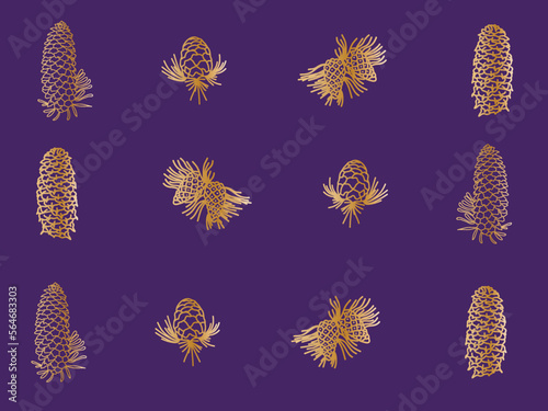 golden gradient pinecones seamless pattern. Hand drawn fir tree branches, cones on purple background