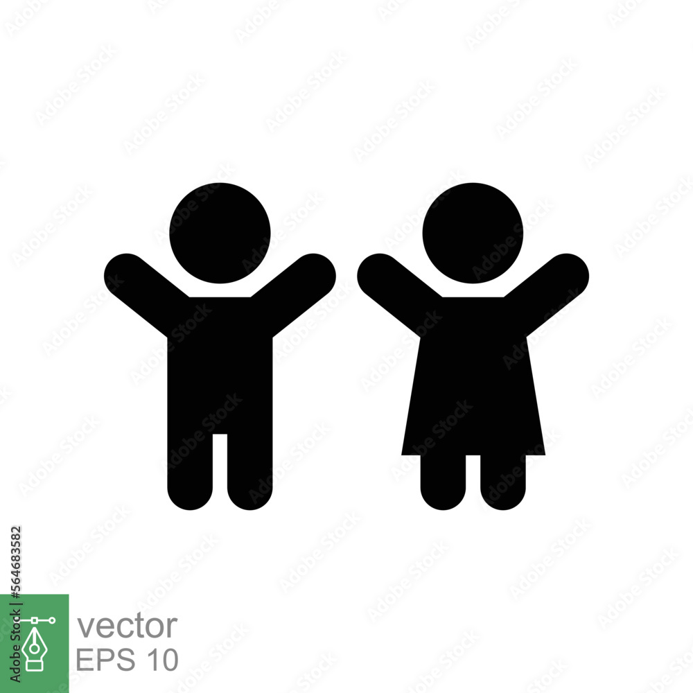Children, boy and girl icon. Simple flat style. Happy kid, fun child, hands up, wc or toilet logo concept. Silhouette, glyph symbol. Vector illustration design isolated on white background. EPS 10. Children, boy and girl icon. Simple flat style. Happy kid, fun child, hands up, wc or toilet logo concept. Silhouette, glyph symbol. Vector illustration design isolated on white background. EPS 10.