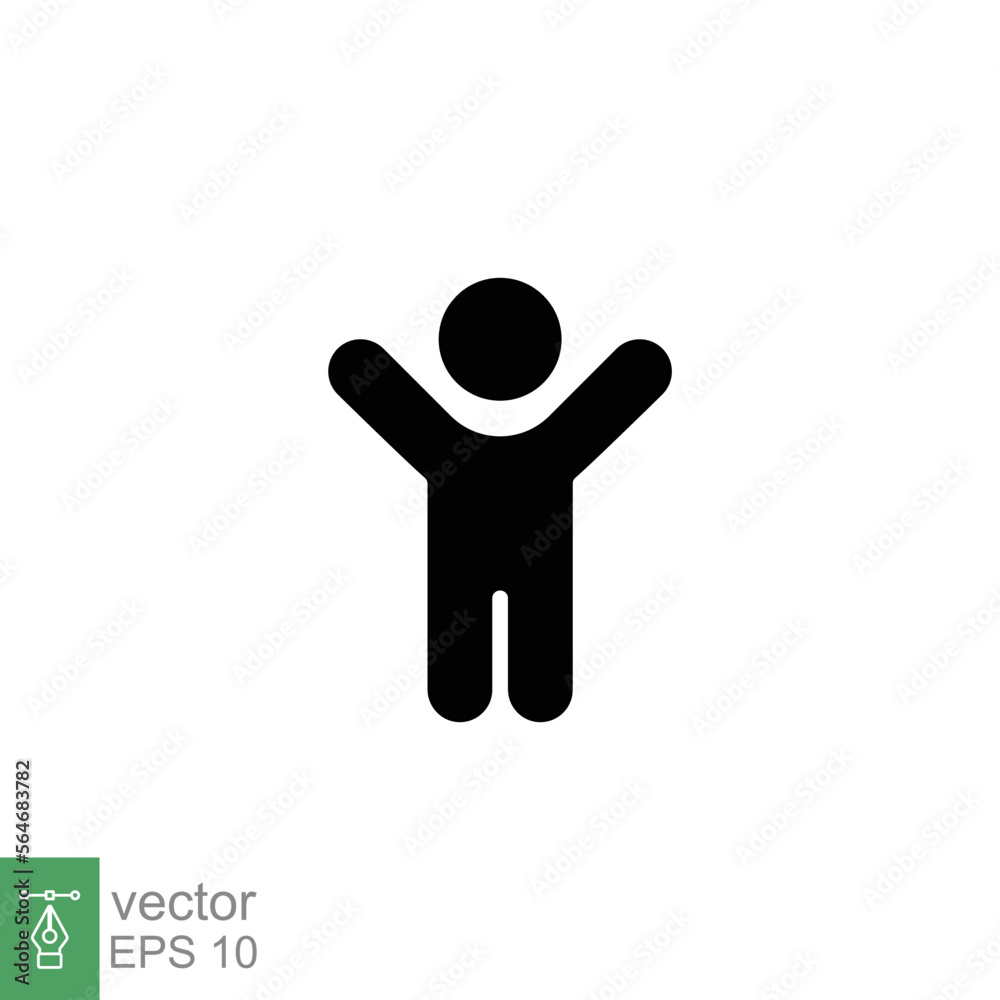 Boy hands up icon. Simple flat style. Man raised two hands, hold arm, happy figure concept. Silhouette, glyph symbol. Vector illustration design isolated on white background. EPS 10. Boy hands up icon. Simple flat style. Man raised two hands, hold arm, happy figure concept. Silhouette, glyph symbol. Vector illustration design isolated on white background. EPS 10.