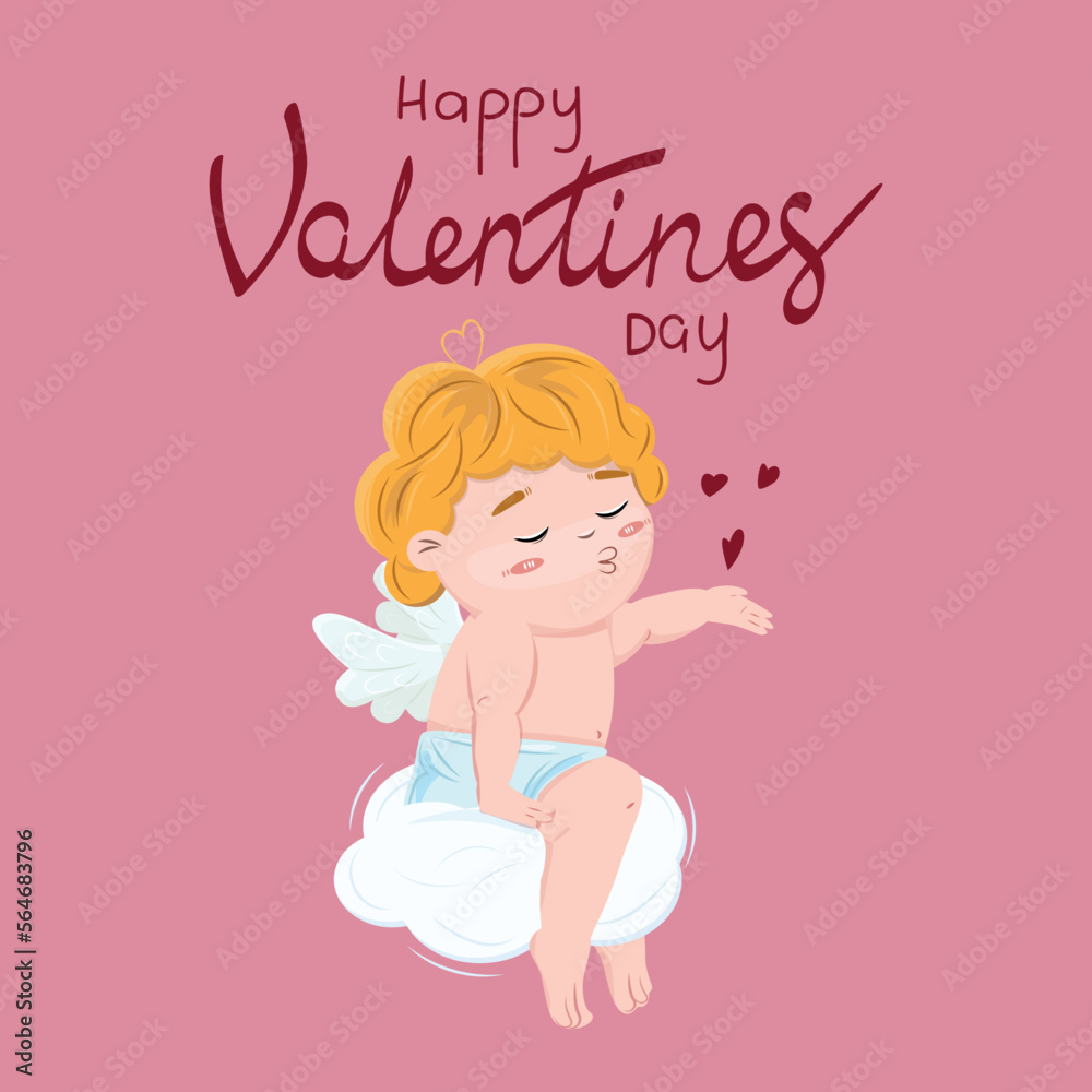 Happy Valentines day. Cute little cupid sitting on the cloud and sending kisses. Happy Valentines day. Cute little cupid sitting on the cloud and sending kisses.