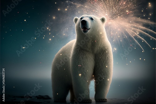 Polar bear watching fireworks. generative AI
