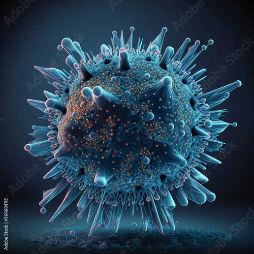 Medical illustration, flying virus 3d, microscopic view, futuristic immunology, blue dark background. Generative AI