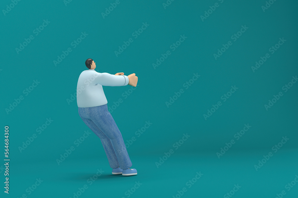 cartoon character wearing jeans and long shirt. He is pulling or pushing something. 3d rendering in acting. cartoon character wearing jeans and long shirt. He is pulling or pushing something. 3d rendering in acting.