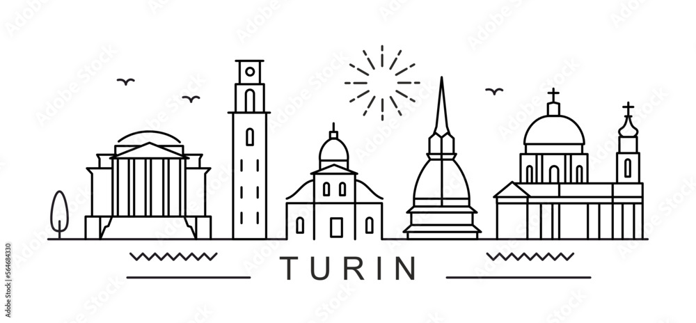 Turin City Line View. Poster print minimal design. Italy