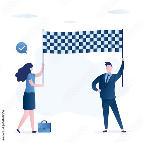 Happy entrepreneurs holding finish flag. Teamwork. Confident business people or colleagues successfully completed tasks, job or lesson. Winner, rewarding, leader at the finish line, victory.
