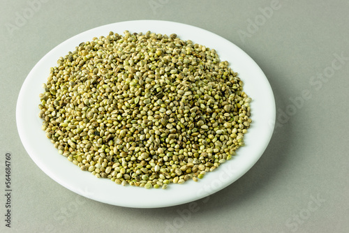 top view of organic dried hemp seeds in plate