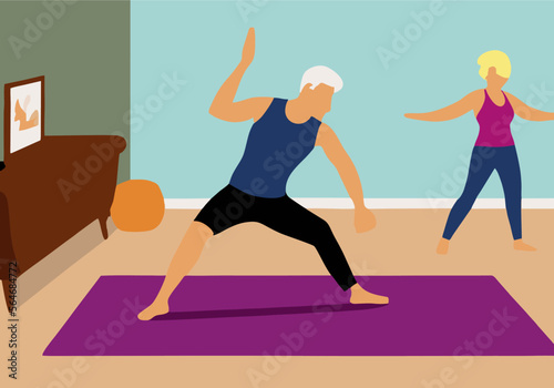 Elderly couple practicing yoga at home, vector flat illustration. Active mature man and woman exercising on mat and aerobic ball. Family doing sports and healthy lifestyle together