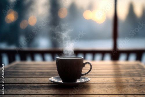Cup of hot beverage on a breezy winter morning. Generative AI
