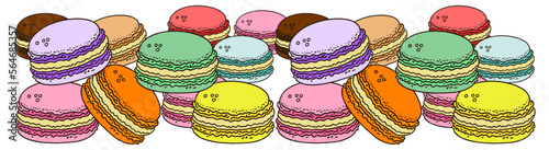 Stack of colorful macaron, macaroon almond cakes, sketch style illustration isolated on white background