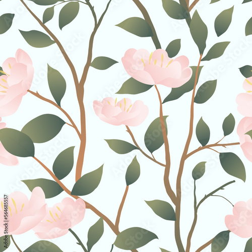Luxury vector botanical pattern with flowers in vintage style hand drawn. Pink flowers and branches on a blue background. For wallpaper  patterns  background  fabric.