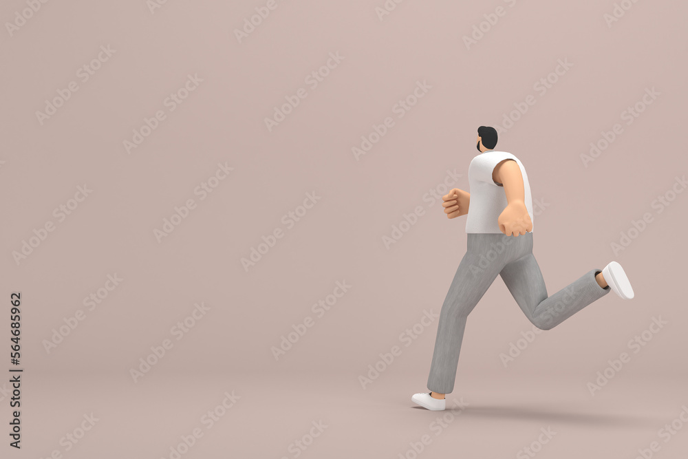 The man with beard wearinggray corduroy pants and white collar t-shirt. He is running. 3d rendering of cartoon character in acting. The man with beard wearinggray corduroy pants and white collar t-shirt. He is running. 3d rendering of cartoon character in acting.