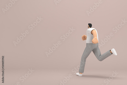 The man with beard wearinggray corduroy pants and white collar t-shirt. He is running. 3d rendering of cartoon character in acting.