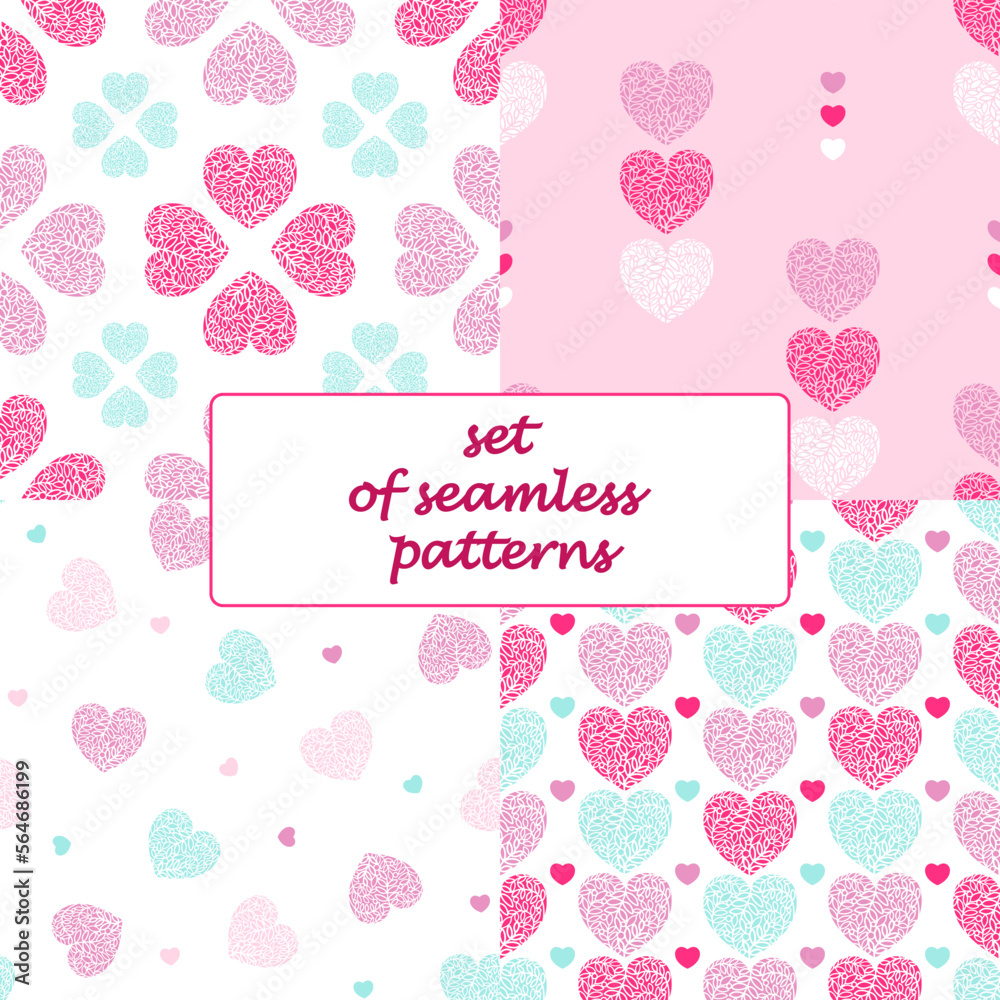 Set of seamless patterns with hearts for Valentine's Day. For fabric design, wallpapers, backgrounds, wrapping paper, cards, scrapbooking and so on. Vector