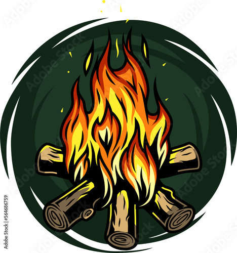 Emblem of burning bonfire with a large flame for camping. Colored vector Illustration of campfire for traveler and tourist. Outdoor adventure equipment. Sport activity