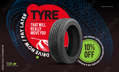 Advertising poster. Car tire on a dark background. Banner design. The tire of the car is on the road. Summer or winter road. Information. Store. Digital print, flyer, booklet, brochure and web design.