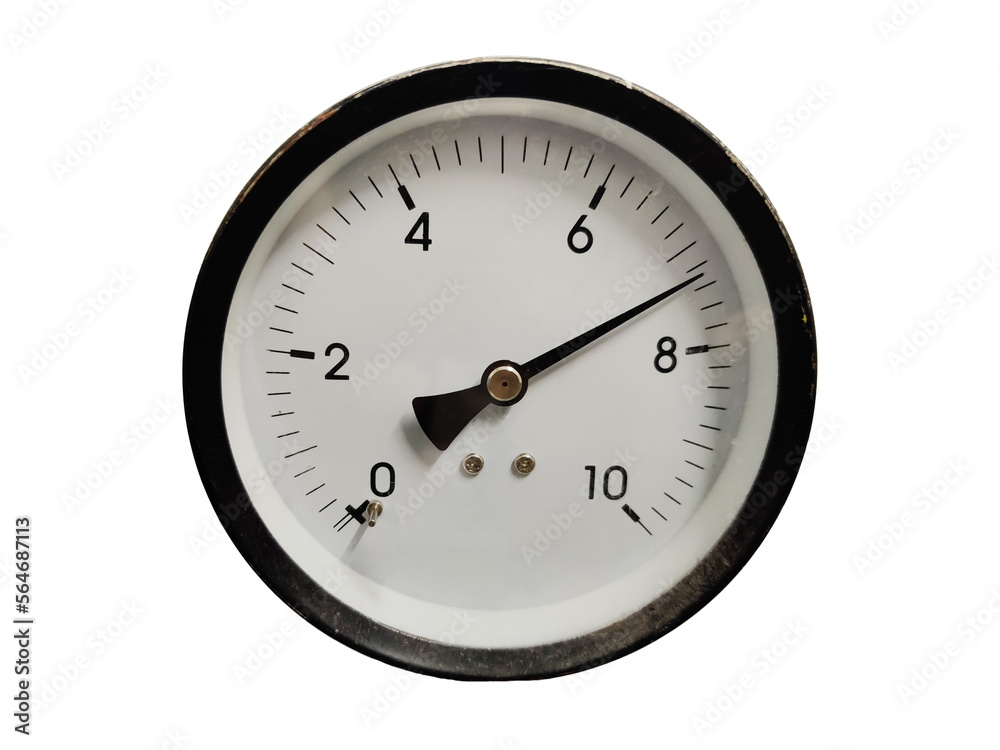 Round instrument pressure gauge with arrows on a white background. Round instrument pressure gauge with arrows on a white background.