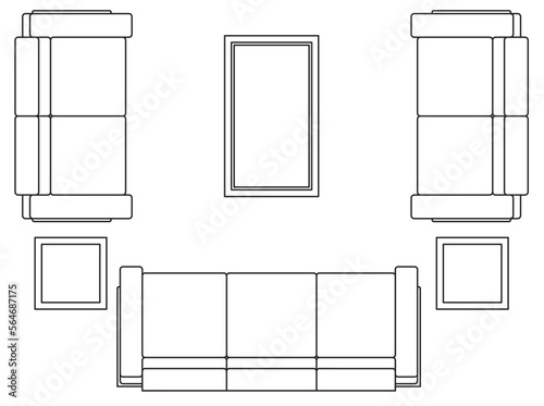 2D graphic drawing of the top view layout of the sofa set and its side furniture such as coffee table and side table. Drawing in black and white using CAD.