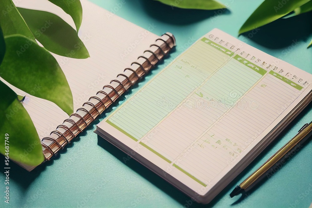 Weekly planner in green pastel colores with leaves. Weekly schedule