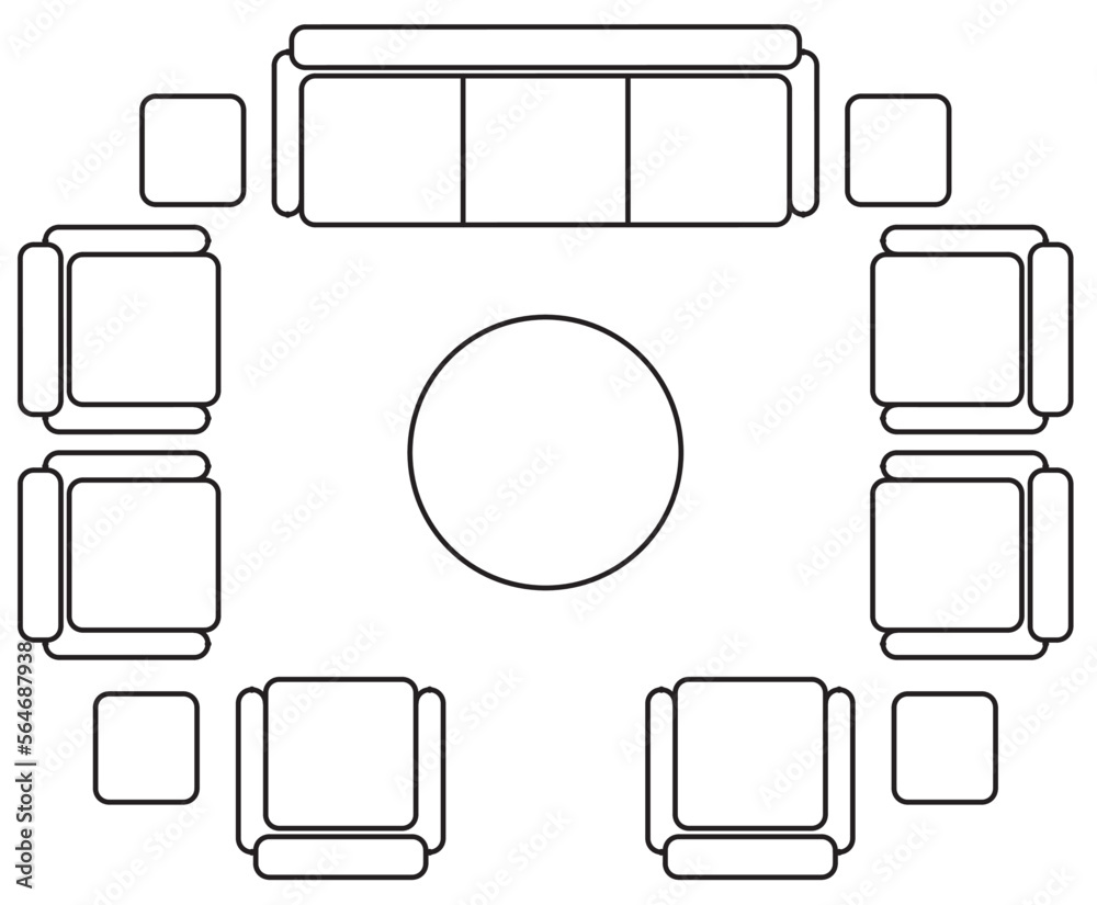 Opiaat vervolging evenwicht 2D graphic drawing of the top view layout of the sofa set and its side  furniture such as coffee table and side table. Drawing in black and white  using CAD. Stock-vektor 