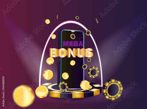 Mega bonus for online casino banner, vector jackpot prize game sign, flying gold coins, poker chips on mobile phone with neon light