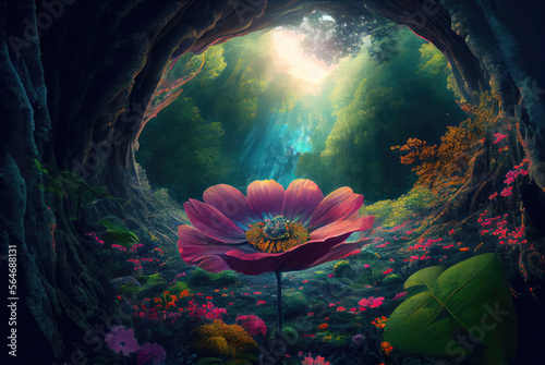Fantasy forest landscape with big flower. Generative AI