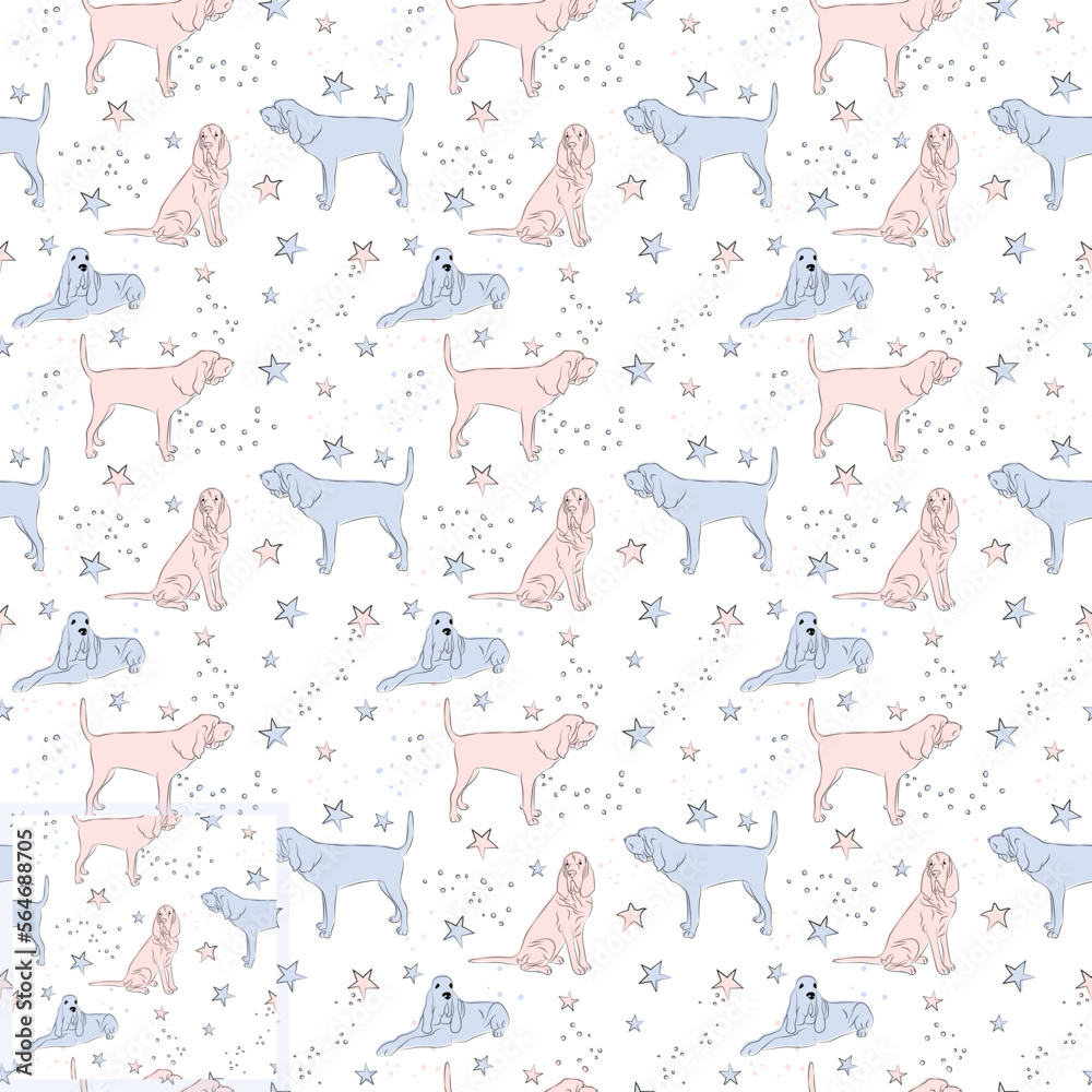 T-shirt textile, wrapping paper, blue background graphic design. Wallpaper for Babies and kids. Pattern design with funny Bloodhound dogs doodles, seamless pattern. Blue and Pink linen style