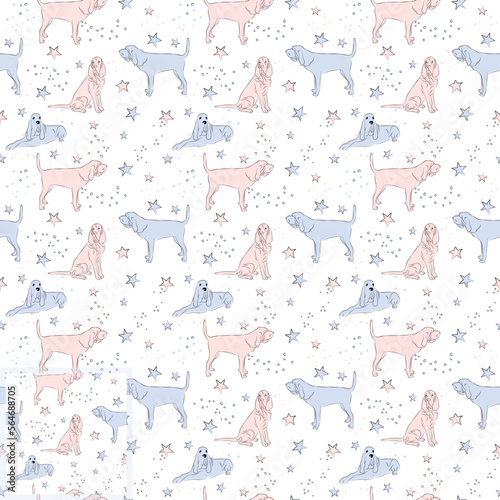 T-shirt textile  wrapping paper  blue background graphic design. Wallpaper for Babies and kids. Pattern design with funny Bloodhound dogs doodles  seamless pattern. Blue and Pink linen style