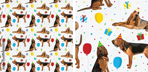 Happy Birthday Pattern with Bloodhound dog in a party hat, seamless texture. Repeatable textile, wrapping paper, white background graphic design. Holiday wallpaper with sitting and laying Bloodhounds.