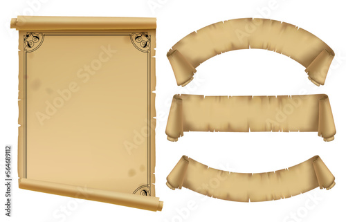 Set of brown vintage scroll parchment banners isolated on white. Vector Illustration