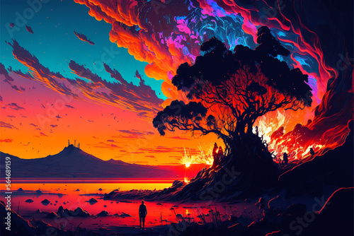 Stunning Sunset Vast Landscape in Colorful Digital Art