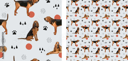 Trendy hand-drawn dogs wallpaper. Seamless Bloodhound dog pattern, holiday texture. Square format, Bloodhound packaging, textile, socks, textile, fabric, decoration, wrapping paper. 