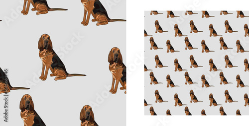 Fun seamless happy Bloodhound square pattern. Seamless terrier dog pattern, holiday texture. Light Packaging, textile, decoration, wrapping paper. Trendy hand-drawn funny breed wallpaper. 
