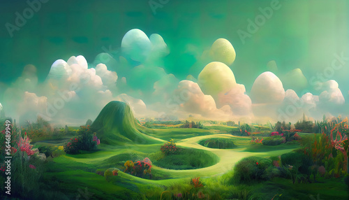 Childhood fantasy world dream green landscape 3d with soft forms and pastel colors