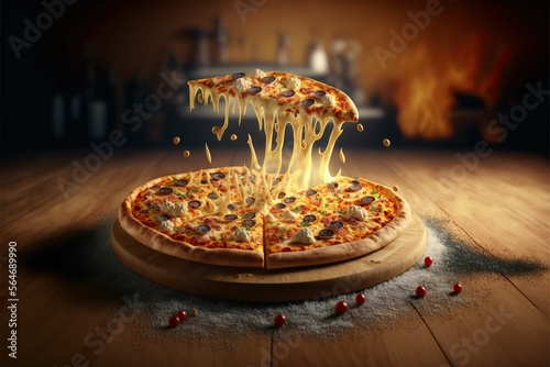 portrait Tasty Hot Italian pizza on wooden board on kitchen background  cheese crust seafood topping sauce vegetables delicious fast food photography Generative ai 